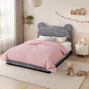 Letto contenitore 140 × 200 cm 2 posti con apertura pneumatica e testiera ludica, senza materasso, grigio