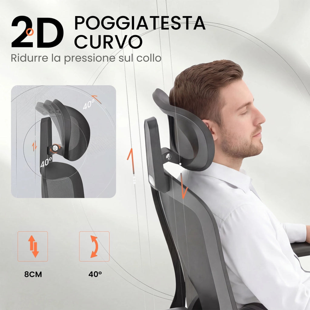 Sedia da ufficio ergonomica con supporto lombare regolabile, braccioli ribaltabili, base girevole per il gaming e portata massima di 150 kg.