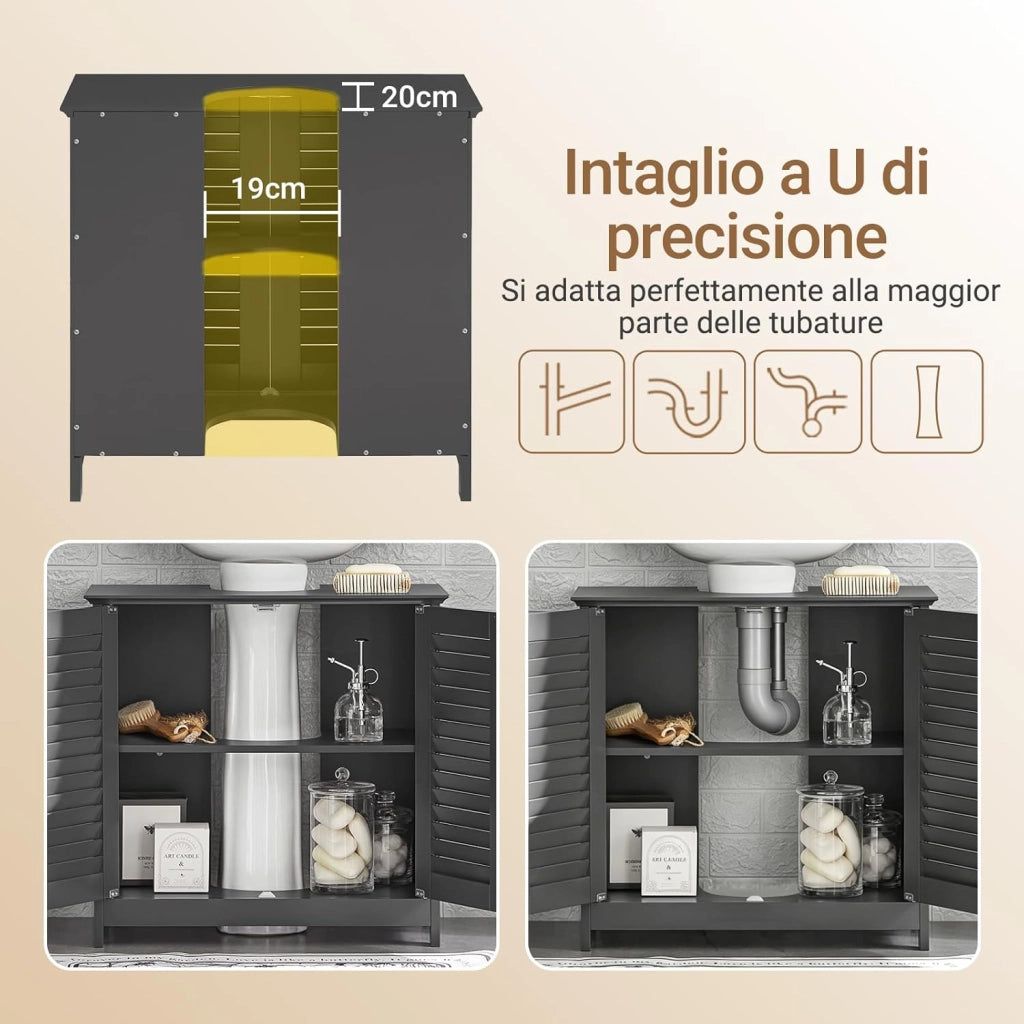 Mobile Bagno Sottolavabo - Mobiletto Bagno Salvaspazio con Mensole Regolabili, Mobile Lavabo in MDF, Antimuffa con Porta a Lamelle, per lavabo a terra, Grigio Scuro, 60x58x35cm, FRG237-II-DG