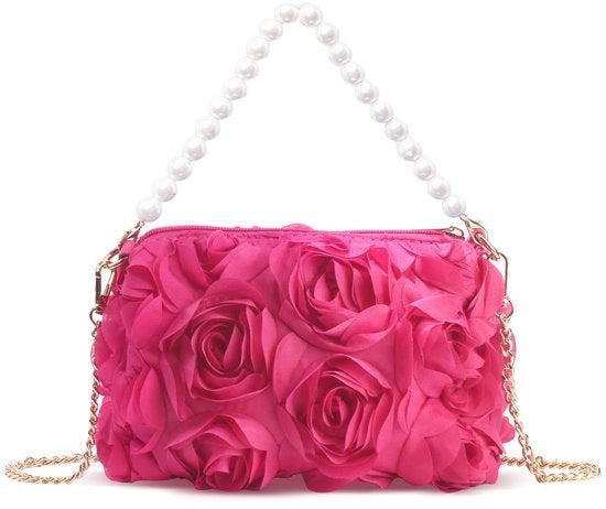 Borsa a Mano per Donna in Chiffon con Fiori 3D, Toppe a Gherliglia, Clutch per Matrimonio, Prom, Festa