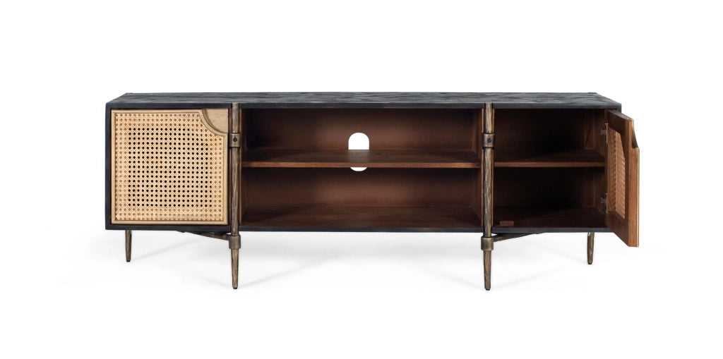 Mobile TV in legno di mango con ante in canna e gambe in bronzo