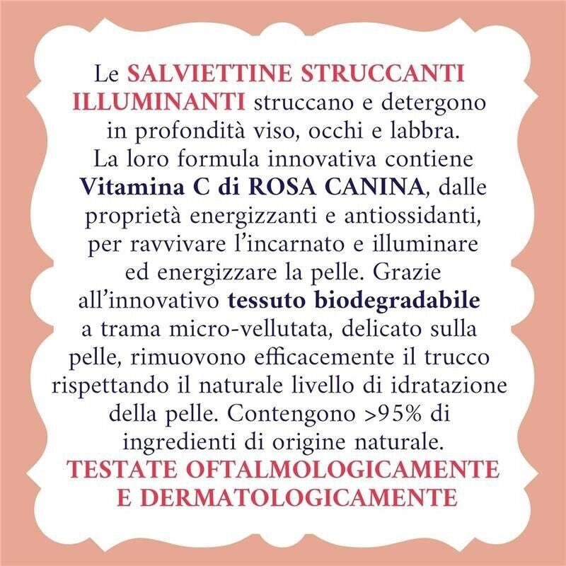 ACQUA ALLE ROSE SET 6 PACCHI DI SALVIETTINE STRUCCANTI ILLUMINANTI VITAMINA C DI ROSA CANINA VISO OCCHI E LABBRA 120 SALVIETTE