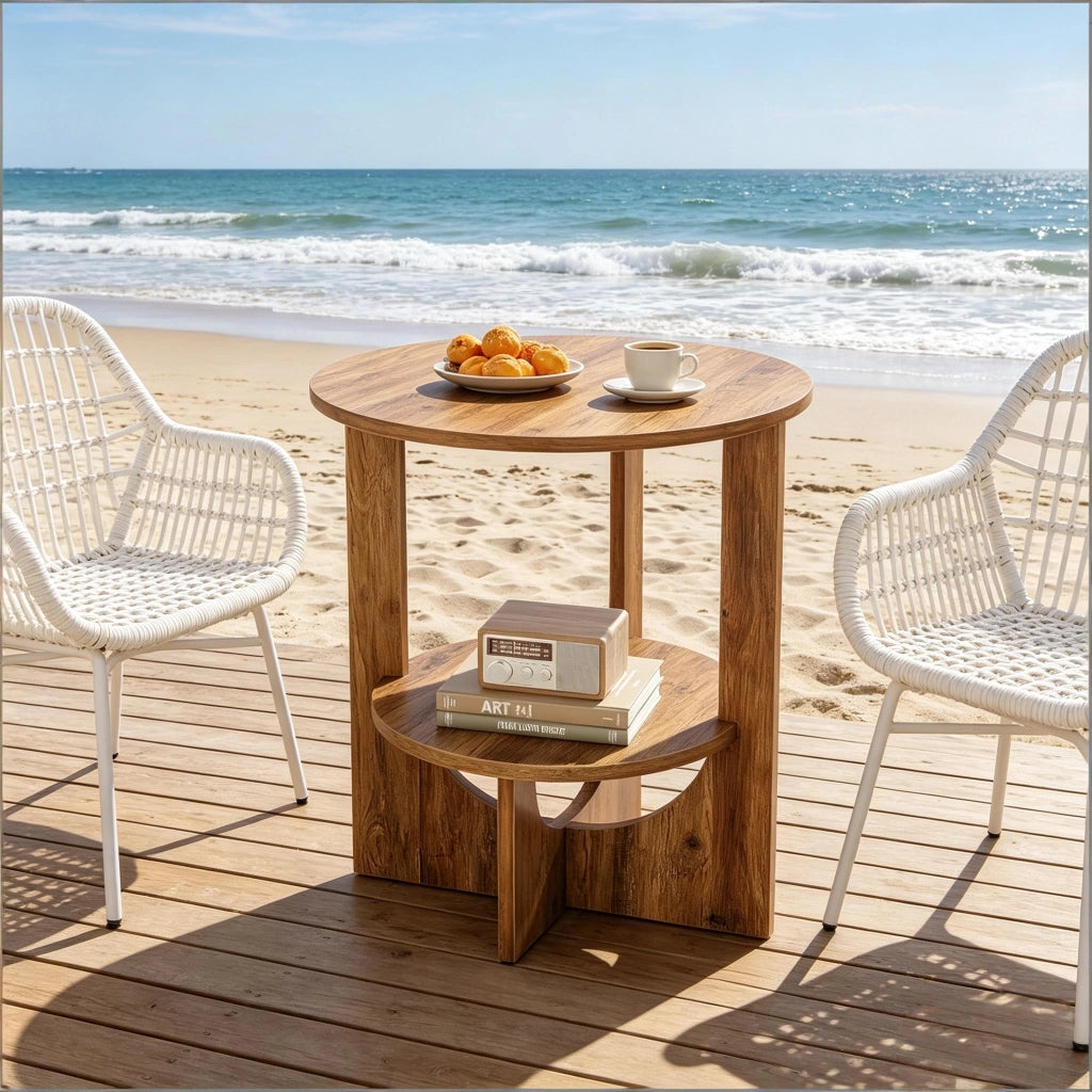 Tavolino basso rotondo con 2 ripiani e struttura a X in MDF per soggiorno camera da letto e ingresso marrone rustico 50 × 50 × 65 cm