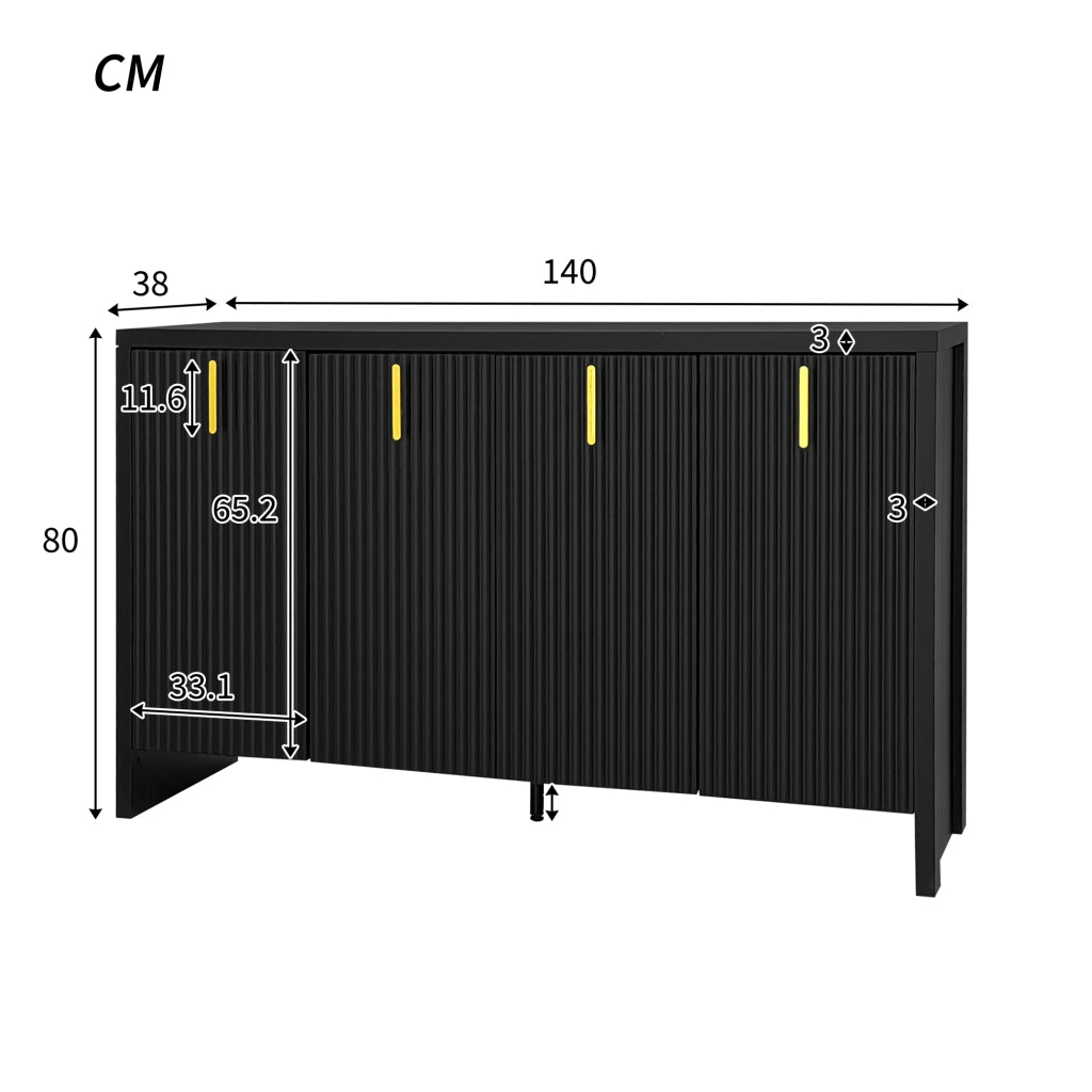 Credenza con 4 Ante e Ripiani Regolabili; Maniglie Dorate; Stile Moderno; in Pannello Truciolare; 140??38??80 cm; Nero