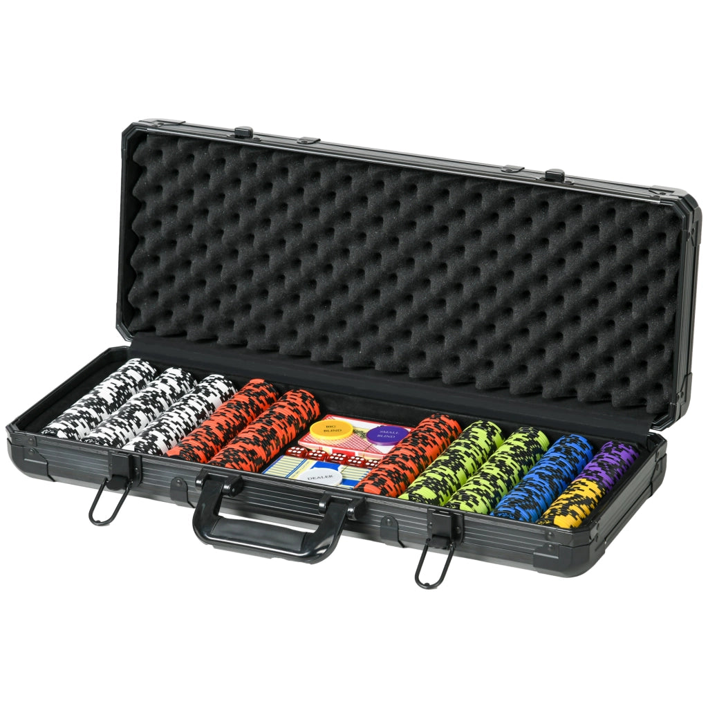 Set Poker con 500 Fiches, 2 Mazzi di Carte, 5 Dadi, Pulsanti e Valigetta Protettiva in Alluminio Nero