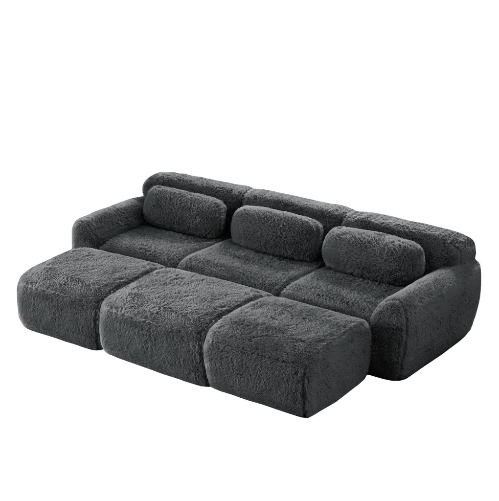 Divano modulare 3 posti Boneless Cloud in tessuto vellutato grigio con 3 pouf