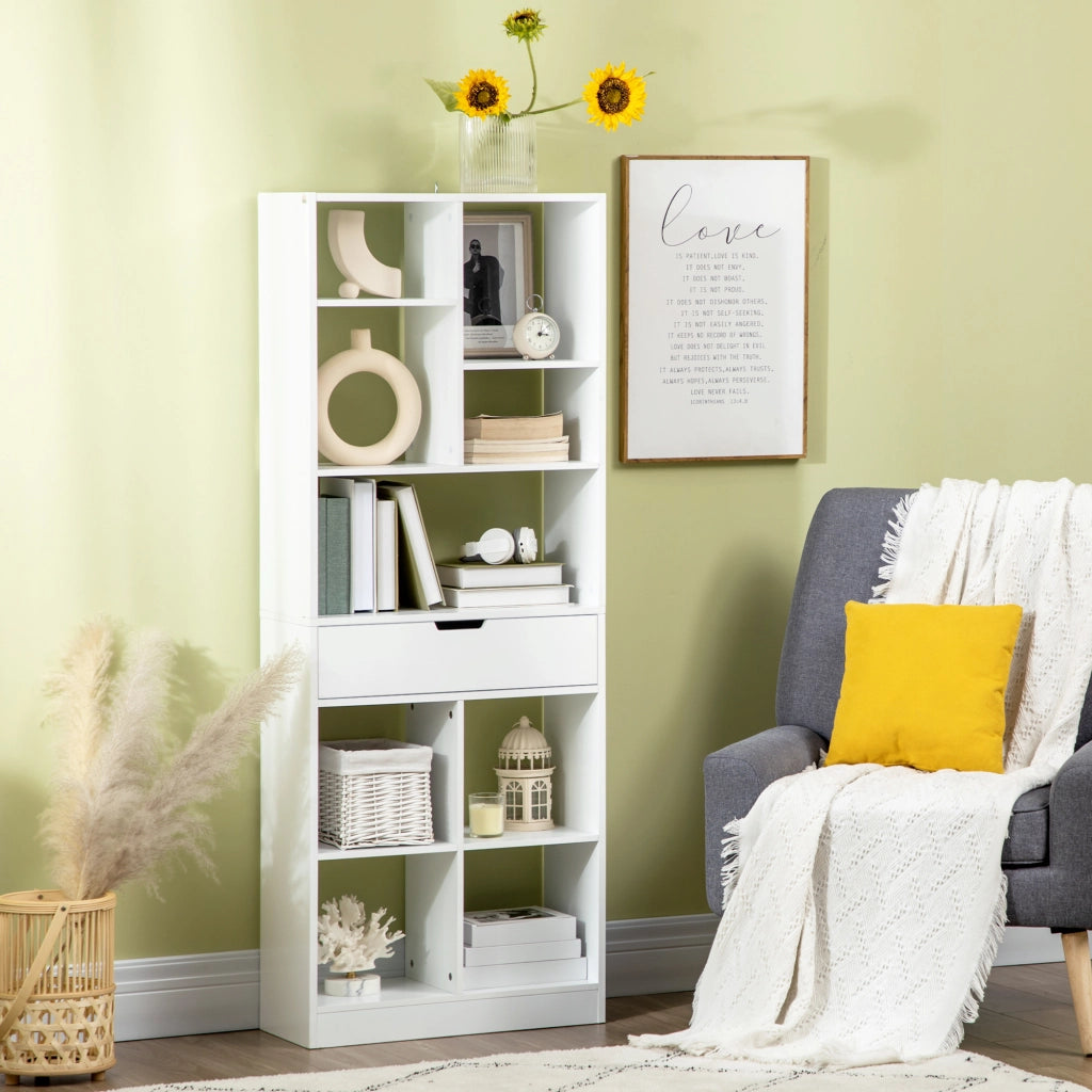 Libreria in Legno con 1 Cassetto e 9 Scomparti ¨C zephmum ¨C 60x26x158 Bianco