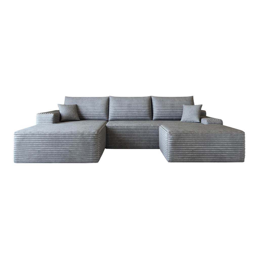 Divano angolare modulare con chaise longue a L e seduta profonda in tessuto grigio