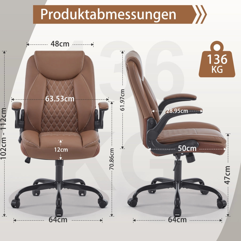 Sedia da ufficio ergonomica con supporto lombare; braccioli ribaltabili e seduta imbottita; marrone