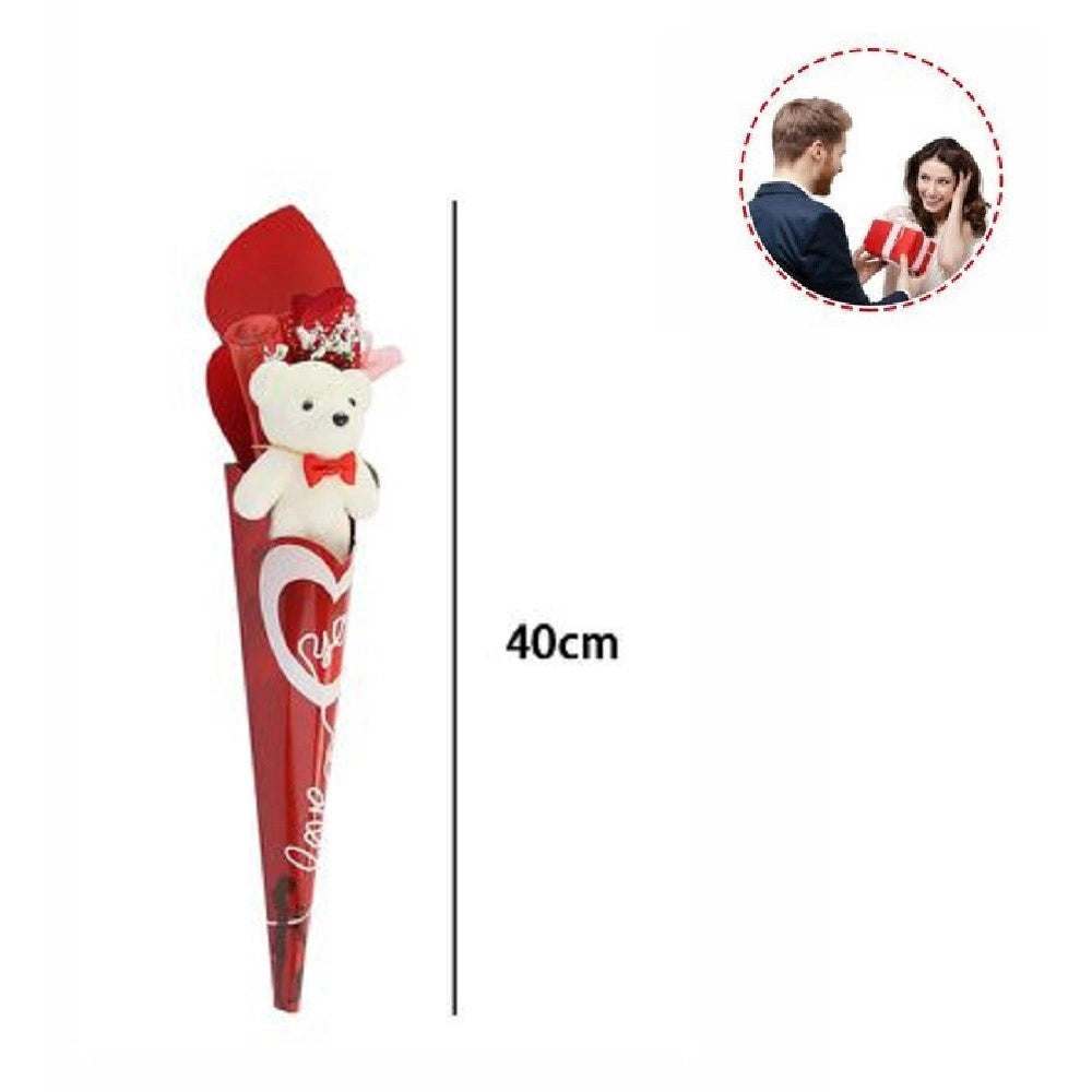 Trade Shop - Set Orsetto Bianco Peluche Con Fiore Love 40 Cm Idea Regalo San Valentino 63292 -