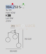 SOSPENSIONE OTTONE SAT. 3 LUCI SPOSTABILE VETRI BIANCO FOG 1184OS-S3 S-BF