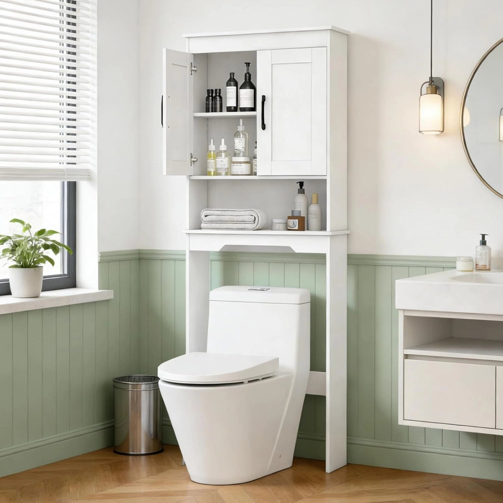 Armadietto portaoggetti da bagno, autoportante a 3 ripiani, con ante in legno e ripiano regolabile in 3 posizioni, organizer salvaspazio per bagno, bagno, lavanderia