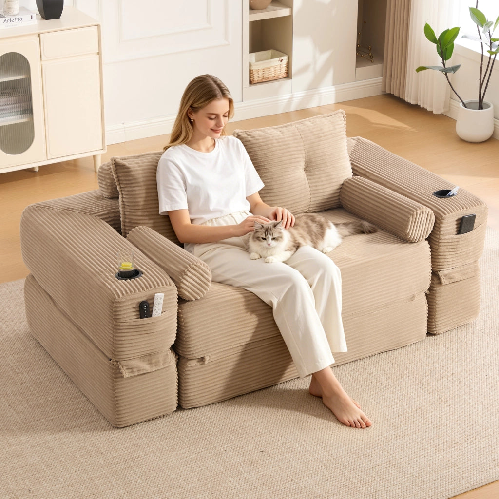 Divano letto modulare in tessuto corduroy con cuscini memory, tasche laterali e portabicchieri, khaki