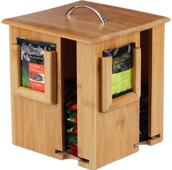 Cassa per Tè - Raccoglitore di Sacchetti per Tè - Finestra con Chiusura - 4 Comparti - 20,5 x 18 x 18 cm - Cassa per Sacchetti per Tè in Legno