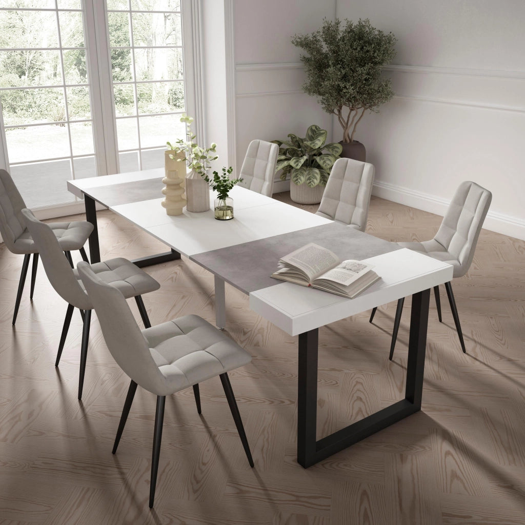 Consolle allungabile, 262x90x73cm, Per 12 persone, Gambe in legno, Bianco e grigio cemento RF2984