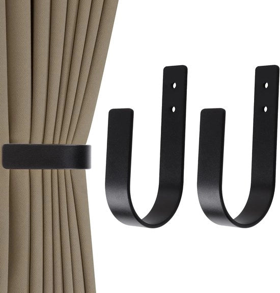 Set di supporti per tende 2 pezzi - Maniglie per tende a forma U moderne - Nero alluminio massello - Inox e duraturo - Incluso materiale di fissaggio - Maniglia per tende per fissaggio alla parete - 16x8cm