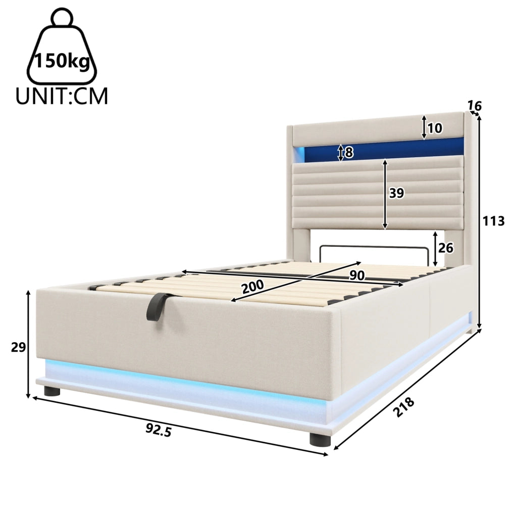 Letto imbottito 90x200 cm con contenitore idraulico; LED e porte USB/Type-C; beige