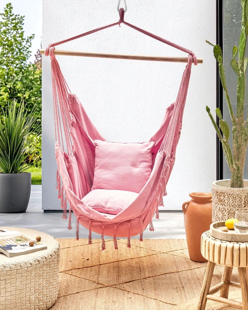 Sedia amaca a dondolo sospesa in cotone rosa per interni ed esterni in stile boho