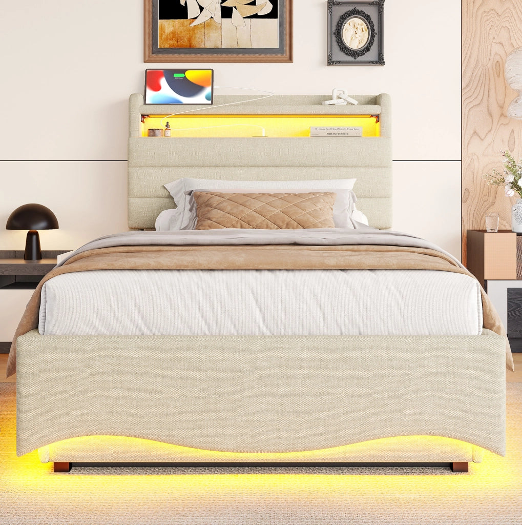 LETTO Contenitore 90x200 cm in lino beige con LED, USB e Type-C