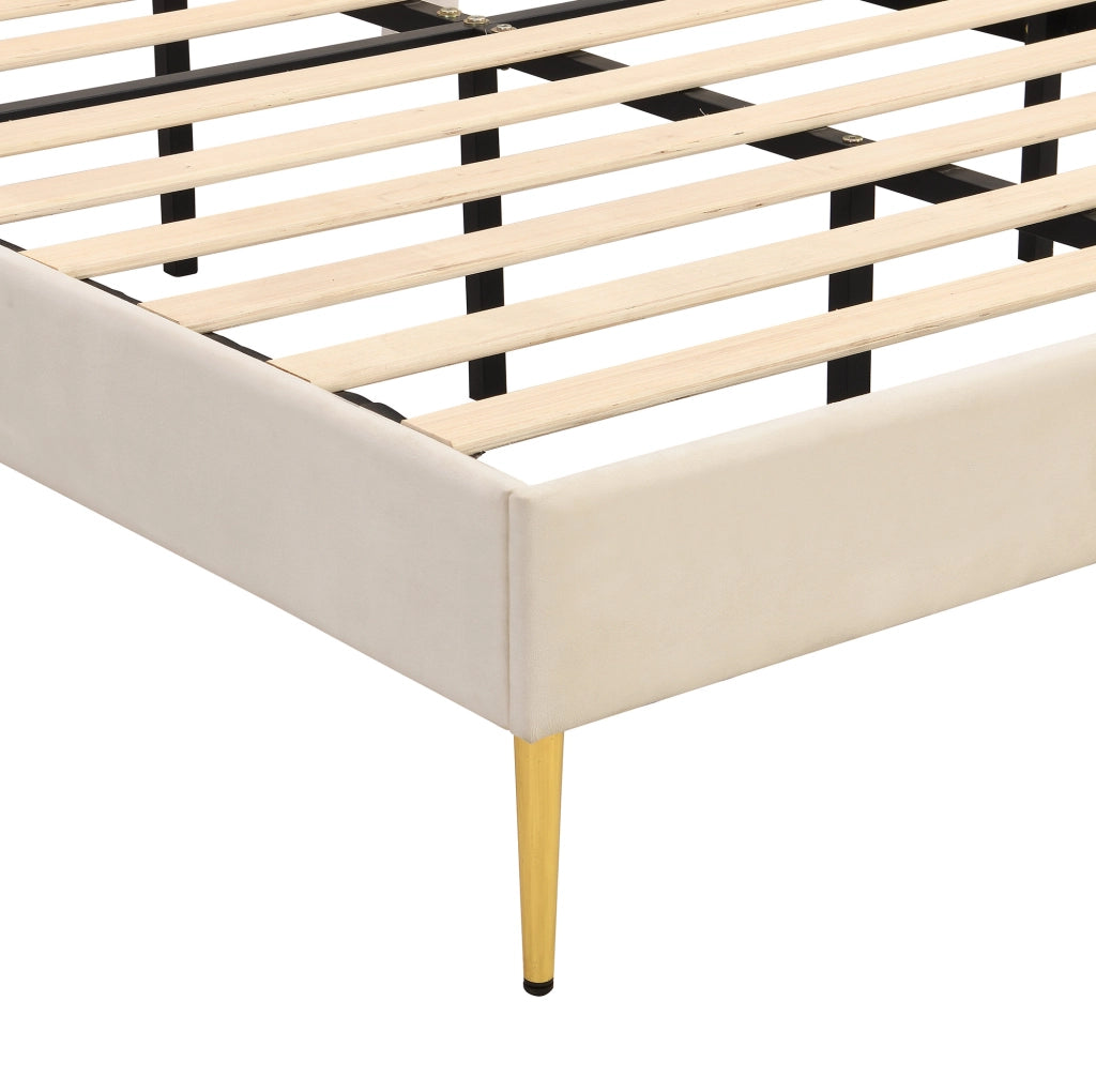 Letto matrimoniale imbottito 140x200 cm in velluto beige con testiera regolabile e piedini dorati