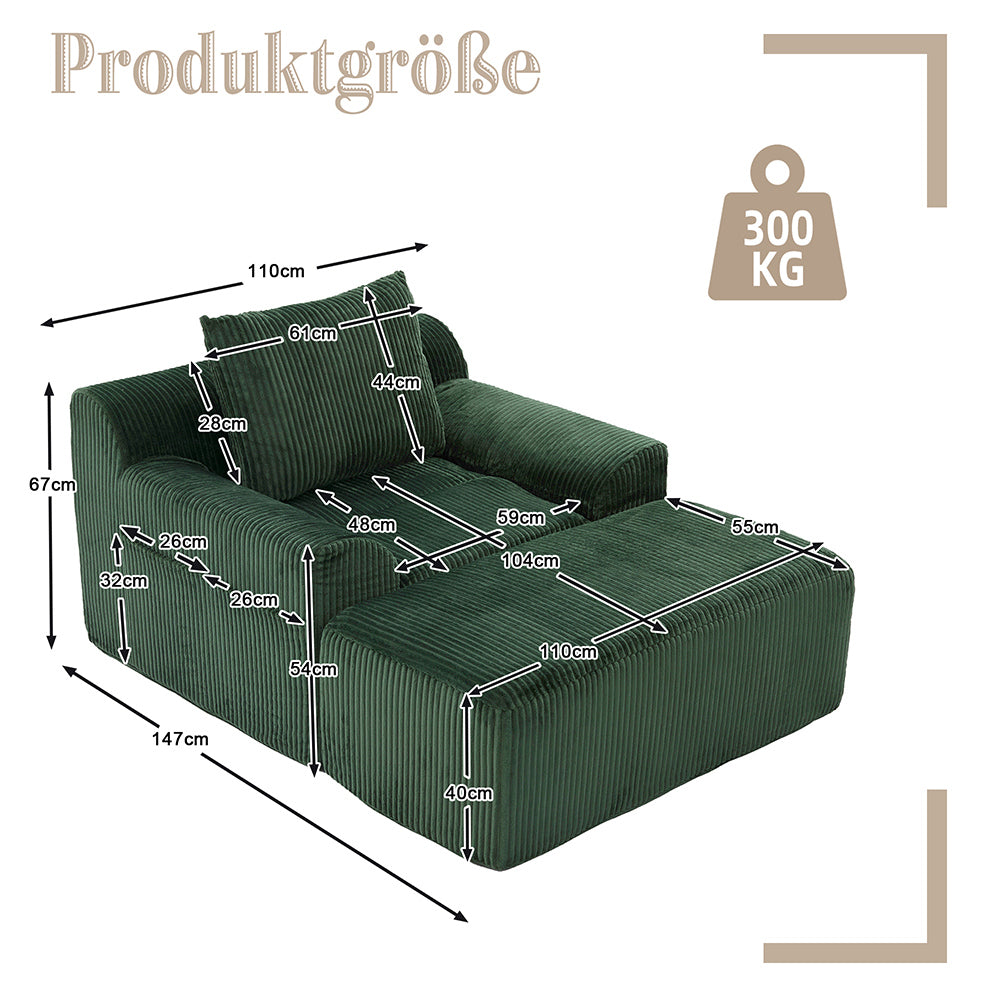 Poltrona oversize - Xylo - Velluto costato con tasche laterali, pouf e nessun assemblaggio