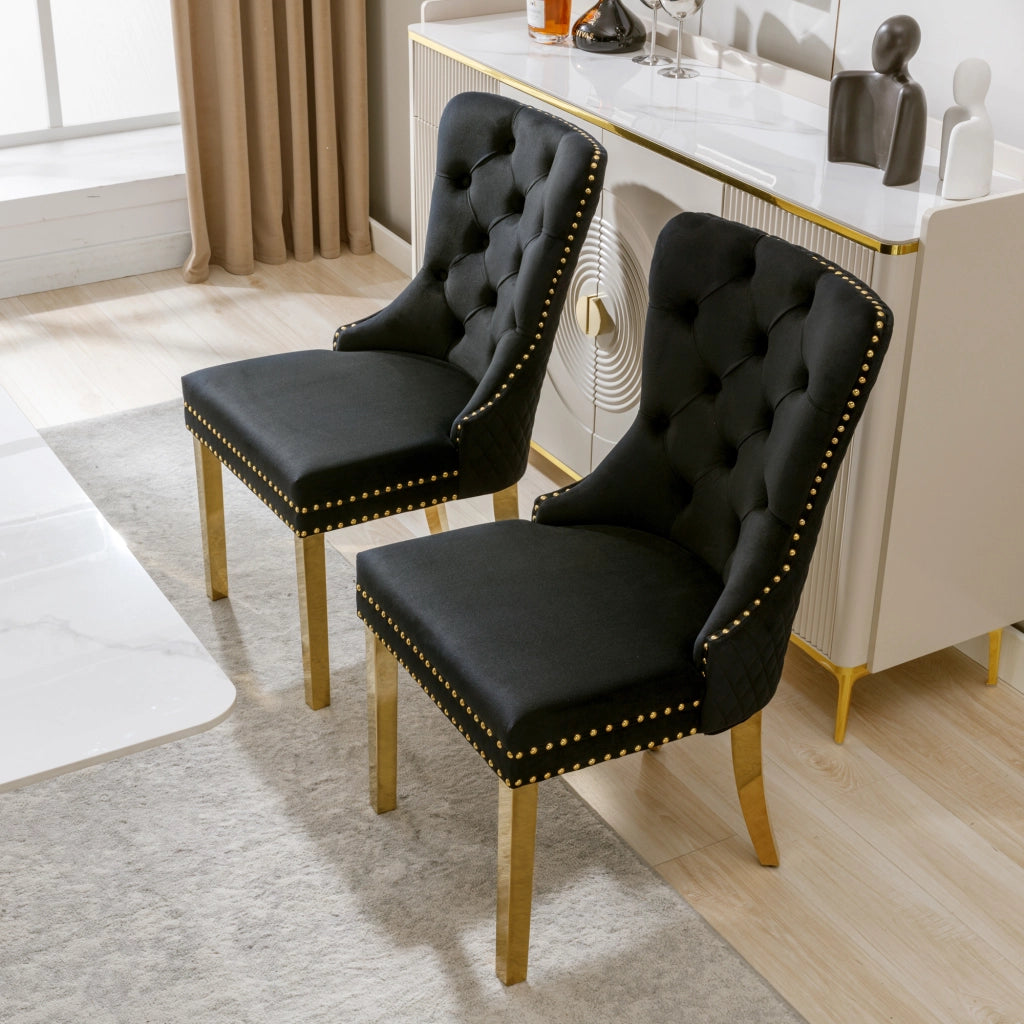 Set di 2 Sedie da Pranzo; con Anello sullo Schienale e Borchie Decorative; Acciaio Inox Dorato e Velluto; Nero