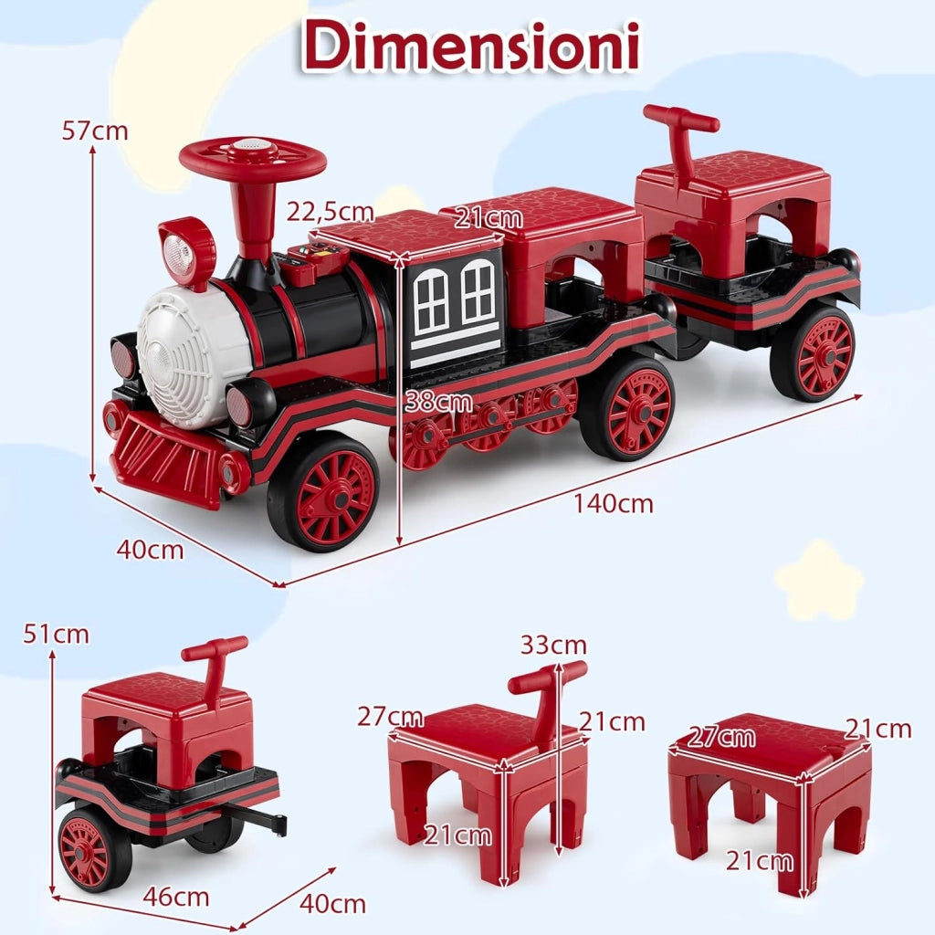 Trenino Elettrico Cavalcabile per Bambini, 12V Macchina Elettrica a 3 Posti con Locomotiva e Vagone Rimovibili, Treno con Luci LED, Clacson e Musica, per Bambini 3-8 Anni (Rosso)