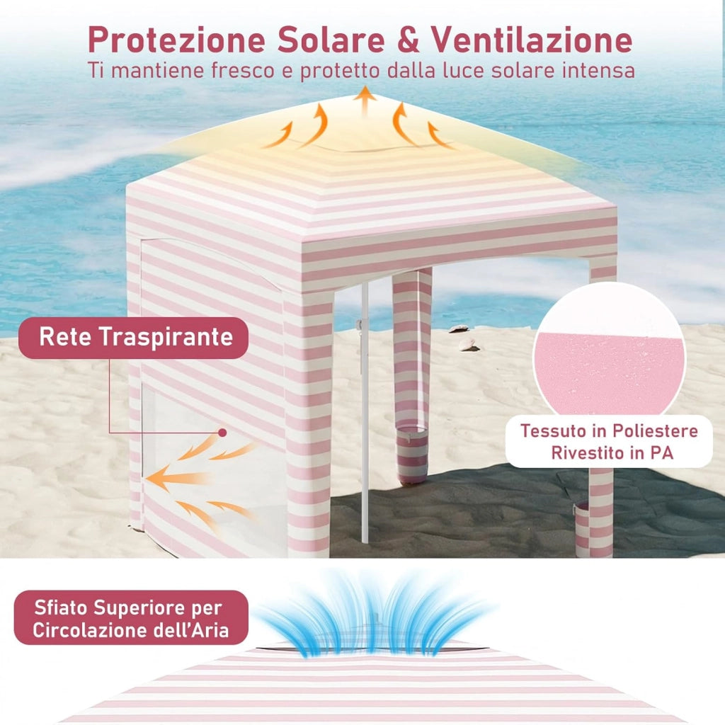 Tenda da Spiaggia Pieghevole, Tenda da Mare con Parete Laterale Rimovibile e Borsa Portatile, Regolabile in Altezza, per Spiaggia, Campeggio e Picnic (Rosa+Bianco, 185 x 185 cm)