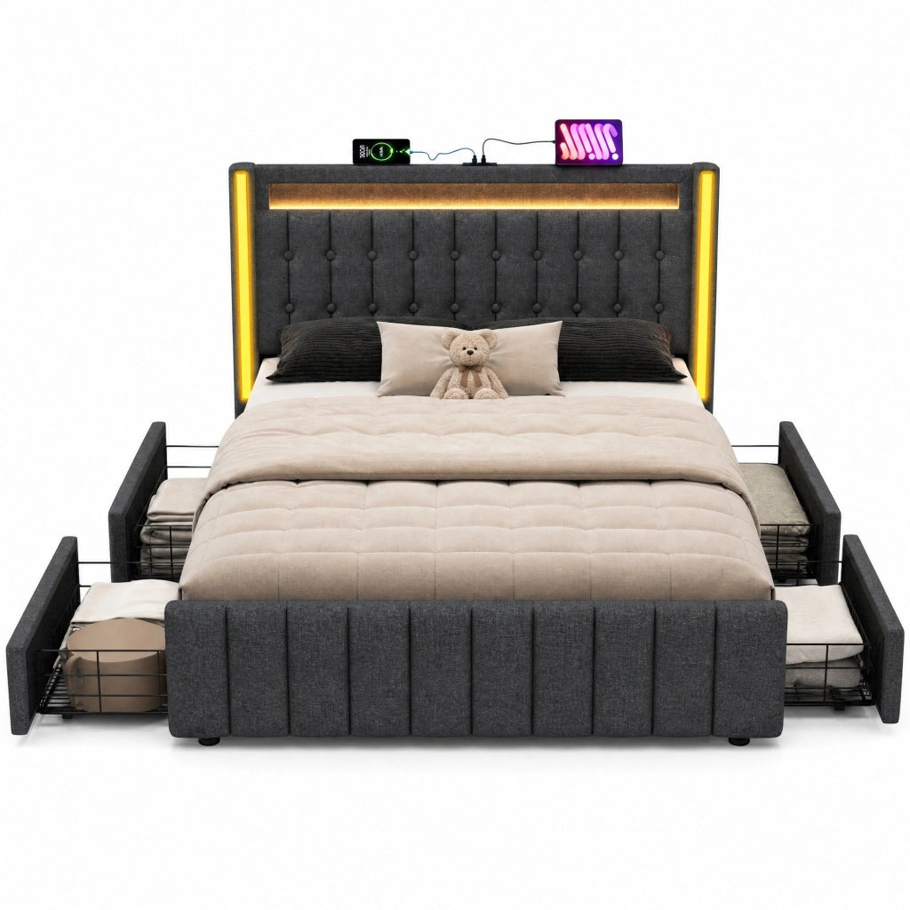 Letto imbottito matrimoniale 160x200 cm con USB Type-C, LED e 4 cassetti, struttura letto con rete in legno, grigio