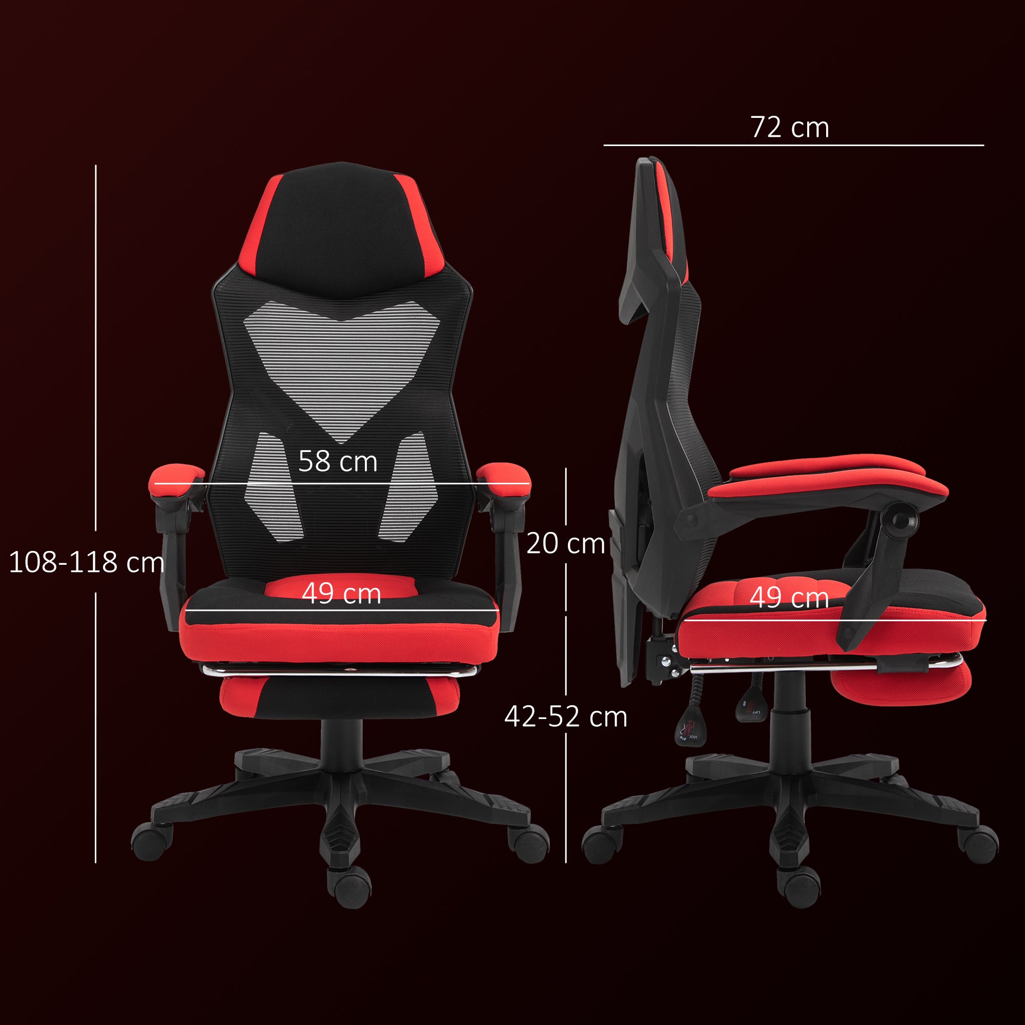 Sedia da Gaming Ergonomica e Reclinabile 58x63x112-122 cm in Tessuto a Rete Nero e Rosso
