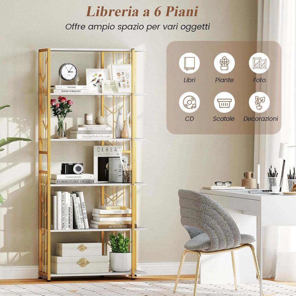 Libreria a 6 Ripiani, Libreria Geometrica Moderna con Telaio in Metallo, Scaffale da Terra con 2 Kit Antiribaltamento per Soggiorno Camera da Letto Studio, 80x31x180 cm (Bianco)