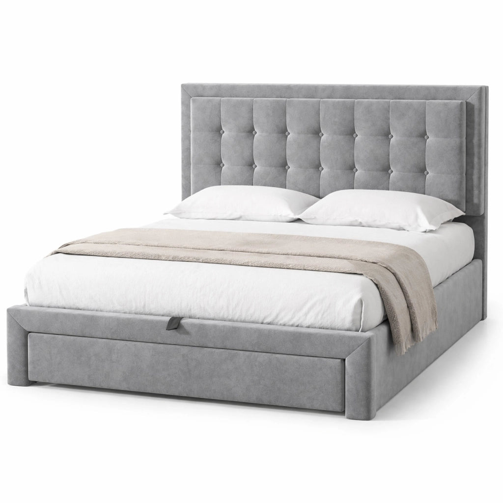 Letto matrimoniale imbottito 140x190 cm in velluto grigio con contenitore e testiera regolabile