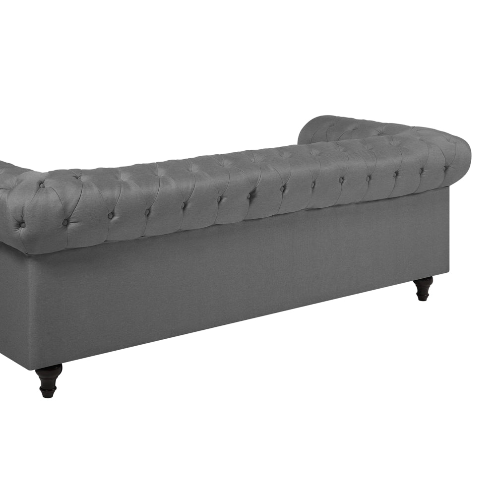 Set soggiorno Chesterfield in tessuto grigio chiaro gambe in legno scuro divano a 3 posti + poltrona contemporanea