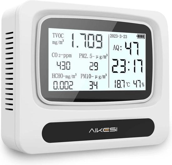 Misure di CO2 9-in-1 rilevatore di qualità dell'aria portatile con LCD - rilevatore di CO2 TVOC-formaldeide PM2.5-PM10 ricaricabile - per uso domestico - rilevatore di temperatura e umidità di qualità dell'aria