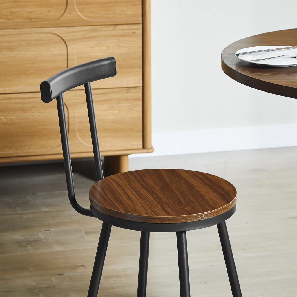 Tavolo da pranzo per 4 persone con 2 sgabelli e vani contenitore, rotondo 80 cm, per cucina e soggiorno, noce