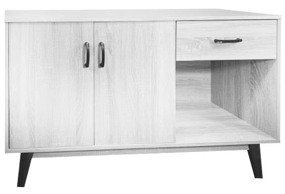 MOBILE IN MDF COLOR BIANCO LEGNO CON DUE ANTE, RIPIANO E CASSETTO MISURE: 120X38X74CM