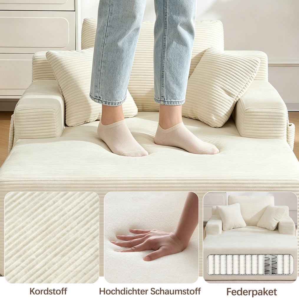 Divano compatto in velluto a coste beige con tasche laterali