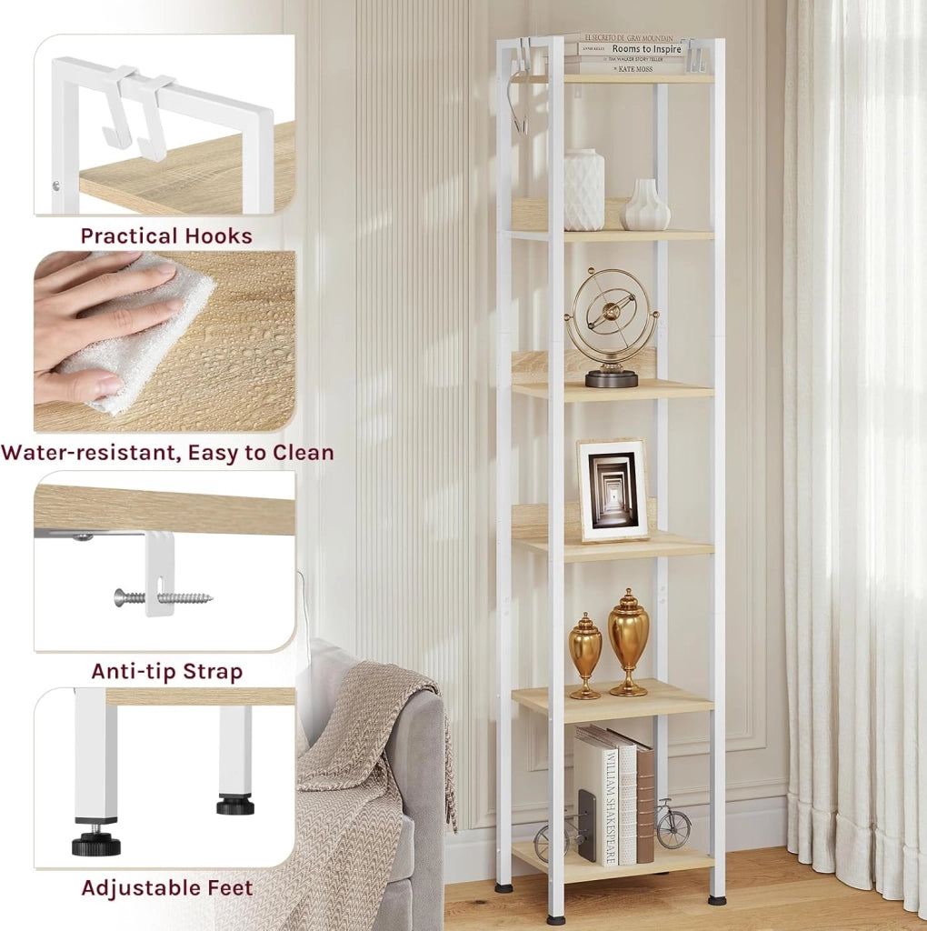 Libreria a 6 Ripiani, Scaffale con 4 Ganci Industriale, Scaffale a Scala in MDF e Metallo per Soggiorno, Cucina, Studio, Ufficio,Bianco,40x30x187cm RGB931hov