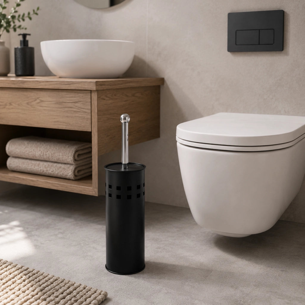 Portascopino Bagno Traforato Con Coperchio Disponibile in Nero, Bianco, Tortora Nero