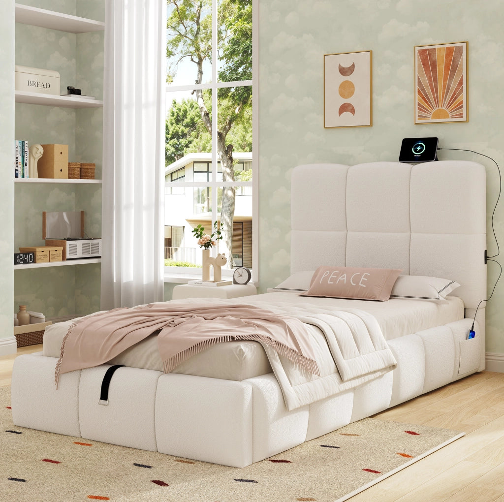 Letto imbottito singolo 90x200 cm con contenitore idraulico; rete a doghe e USB Type-C bouclé beige
