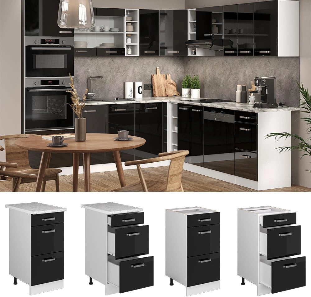 Mobiletto base per cucina R-Line, Nero lucido, 40 cm con cassetti, senza piano di lavoro, per la libera combinazione all'interno di sistemi cucina modulari