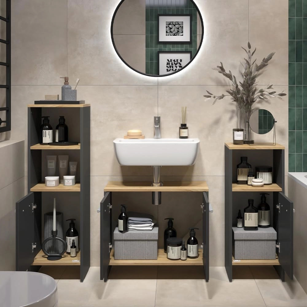 Set di mobili da bagno Karli, Antracite/quercia dorata, 3 pezzi