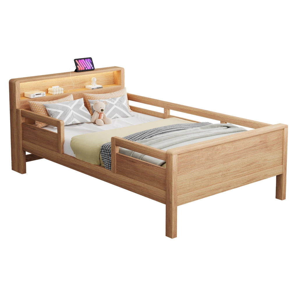Letto singolo per bambini in legno con LED, USB-C e testiera con vano