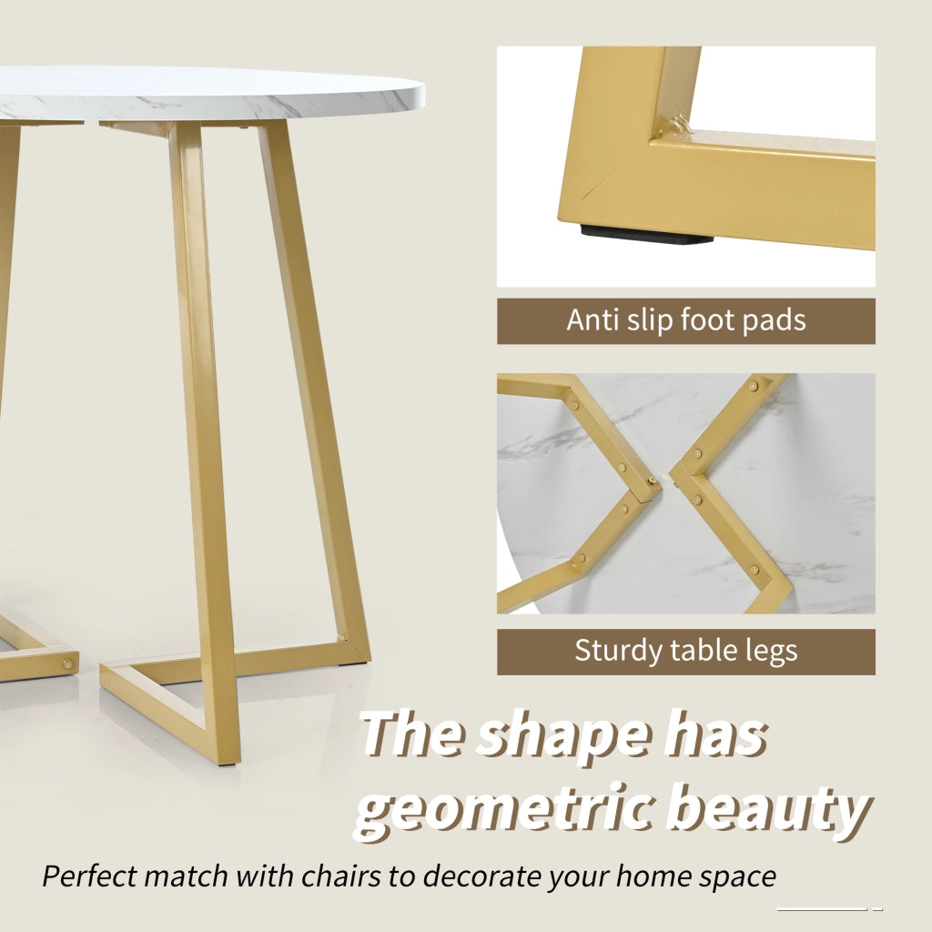 Tavolo da pranzo rotondo in MDF con effetto marmo, base in metallo, per cucina e soggiorno, bianco, 80 × 75 cm