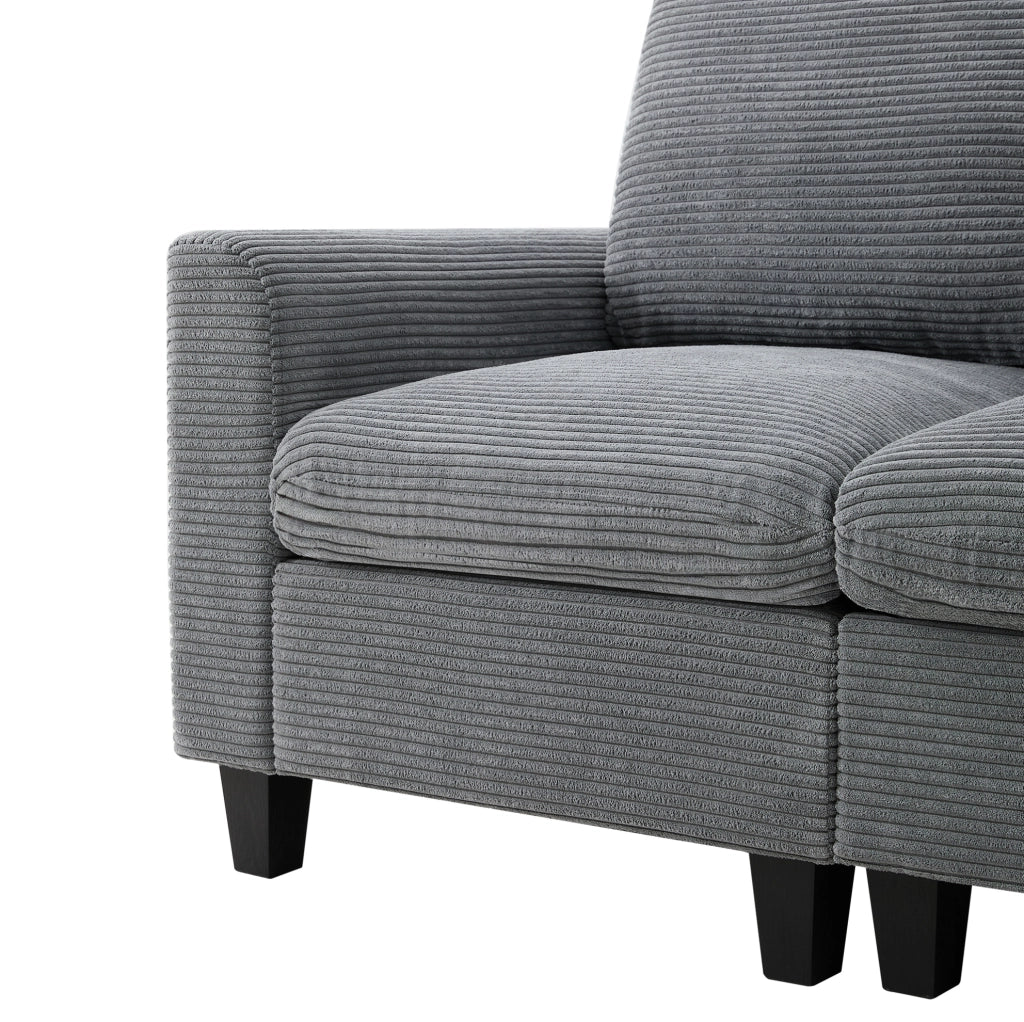 Divano angolare L 229x149.5x83 cm con console centrale; porta bicchieri e USB in velluto a coste grigio
