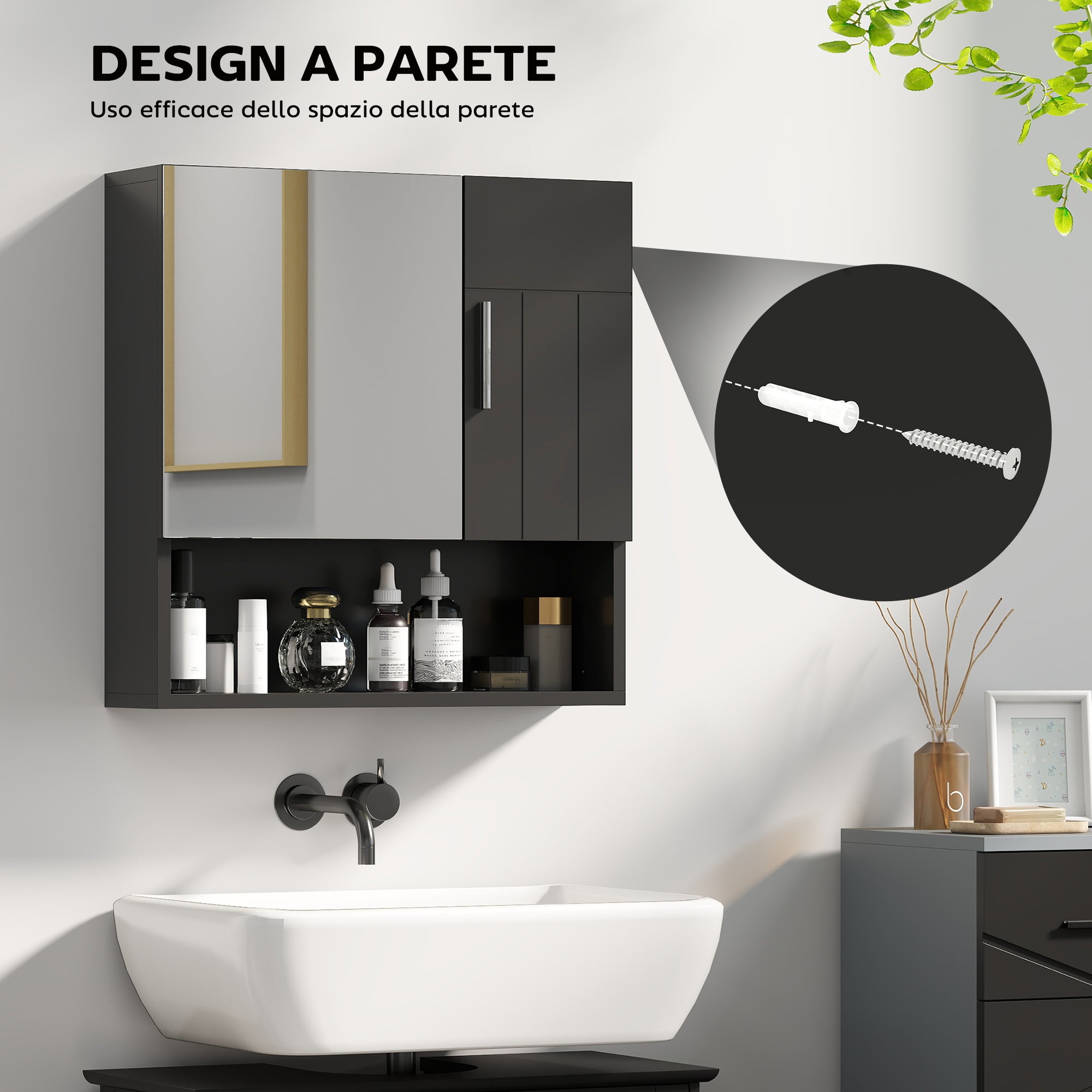 Armadietto a Specchio per Bagno 54x15,2x55,3 cm con Ripiano Aperto in Legno Nero