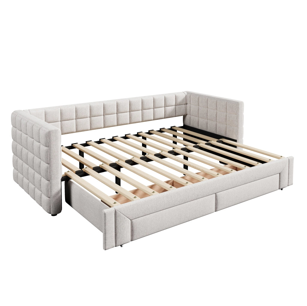 Letto a divano 90x200 cm estensibile; 2 cassetti; velluto; beige; (Senza materasso)