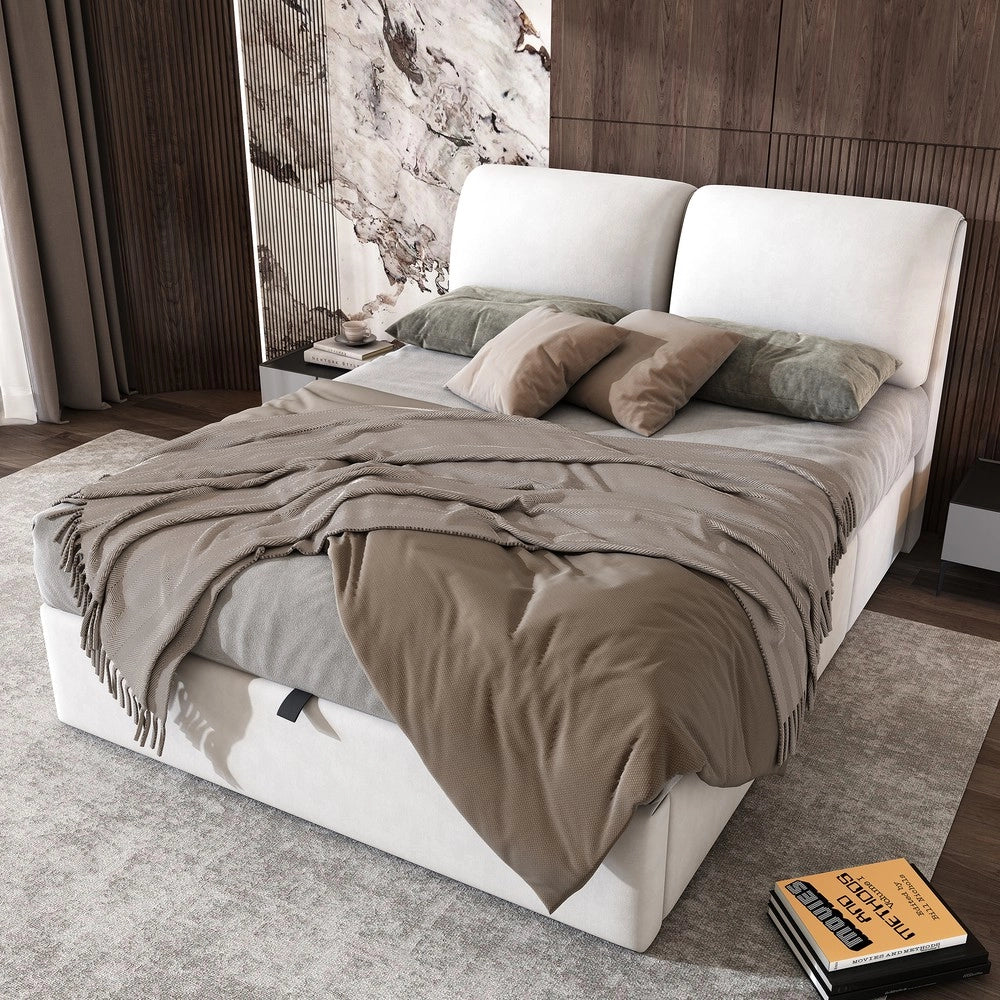 Letto Contenitore Imbottito ¨C Xylo ¨C Velluto Beige, Testiera, Cassetti, Idraulico, 140x190