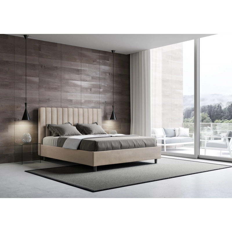 Letto imbottito Matrimoniale francese 140x190 cm Agueda - Con rete,Microfibra,Sabbia