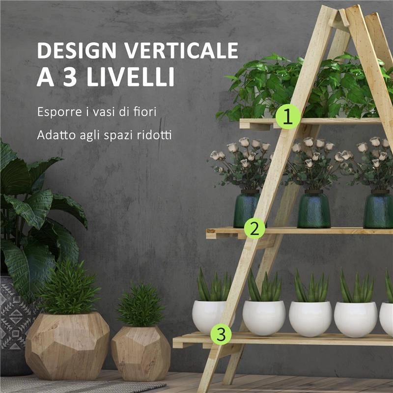 PORTAPIANTE VERTICALE 3 LIVELLI A DOGHE IN ABETE, 100X36X112 CM, COLOR LEGNO